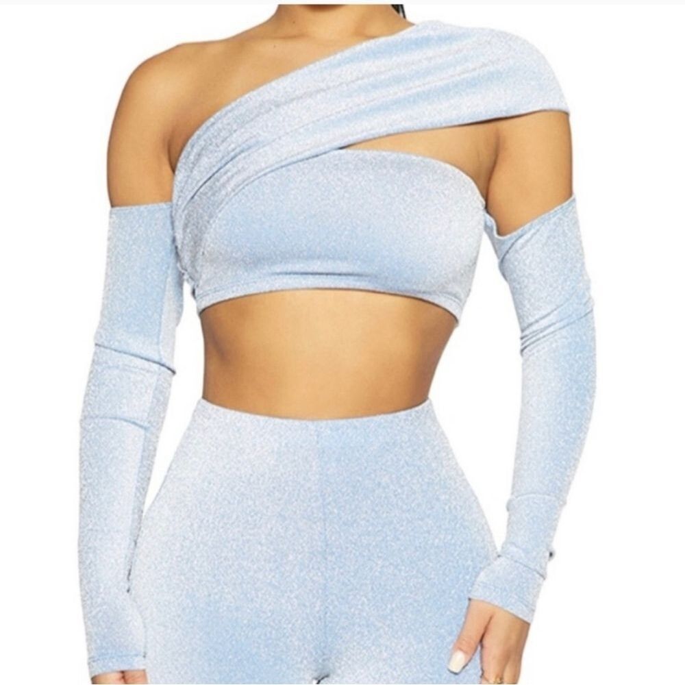 Naked Wardrobe Blue Shimmer Side Glow Crop Top NWT Sz S